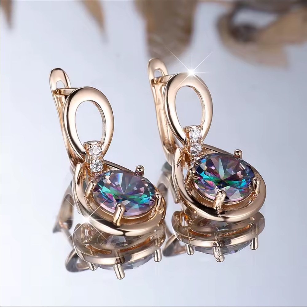 Rose Gold Water Drop Colorful Natural Zirconia Earrings - Picture 3 of 7
